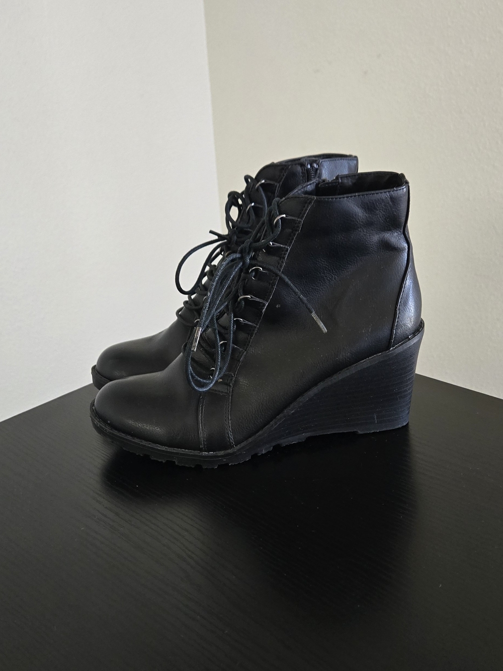 Route 66 Black Lace-Up Wedge Ankle Boots